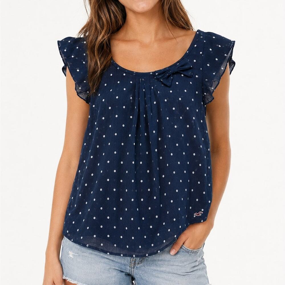 Hollister Navy and White Polka Dot Flutter Sleeve Blouse
